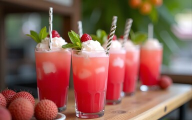 Street vendor with fresh lychee drinks, tropical setup, refreshing vibe, summer street beverage, exotic flavors. High quality