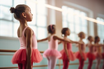 Young ballerina stands in first position during a ballet class, focused and poised, while other students practice in the background