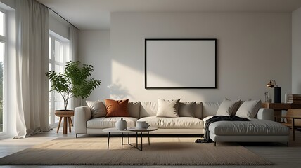 Modern living room with elegant decor and blank canvas art, bright sunlight streaming in, cozy and inviting home interior, stylish furniture arrangement.