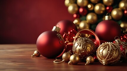 Red and Gold Christmas Ornaments on Wooden Table – Elegant Holiday Decoration Scene with Baubles and Ribbon