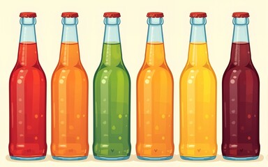 Illustration of colorful soda bottles in a row, representing refreshing drinks and retro beverage packaging. High quality