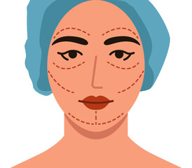 Beautuful young girl face with incision lines with marker. Female face wth incision lines with marker. Plastic surgery flat illustrattion