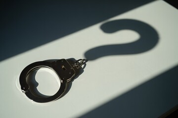 Handcuff casting shadow in the shape of a question mark on a white surface