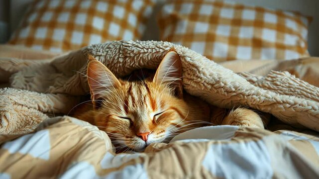 Cozy Cat Nap: A serene ginger cat sleeps soundly under a soft, patterned blanket on a comfortable bed, exuding a sense of warmth and tranquility. 