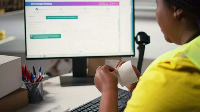 Black woman packing goods and applying shipping labels on boxes, creating awb tracking numbers on tags for easy distribution. Worker using adhesive airway bill stickers. Camera A.