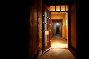 Open prison cell door revealing dimly lit corridor with shadows and textured walls creating atmosphere