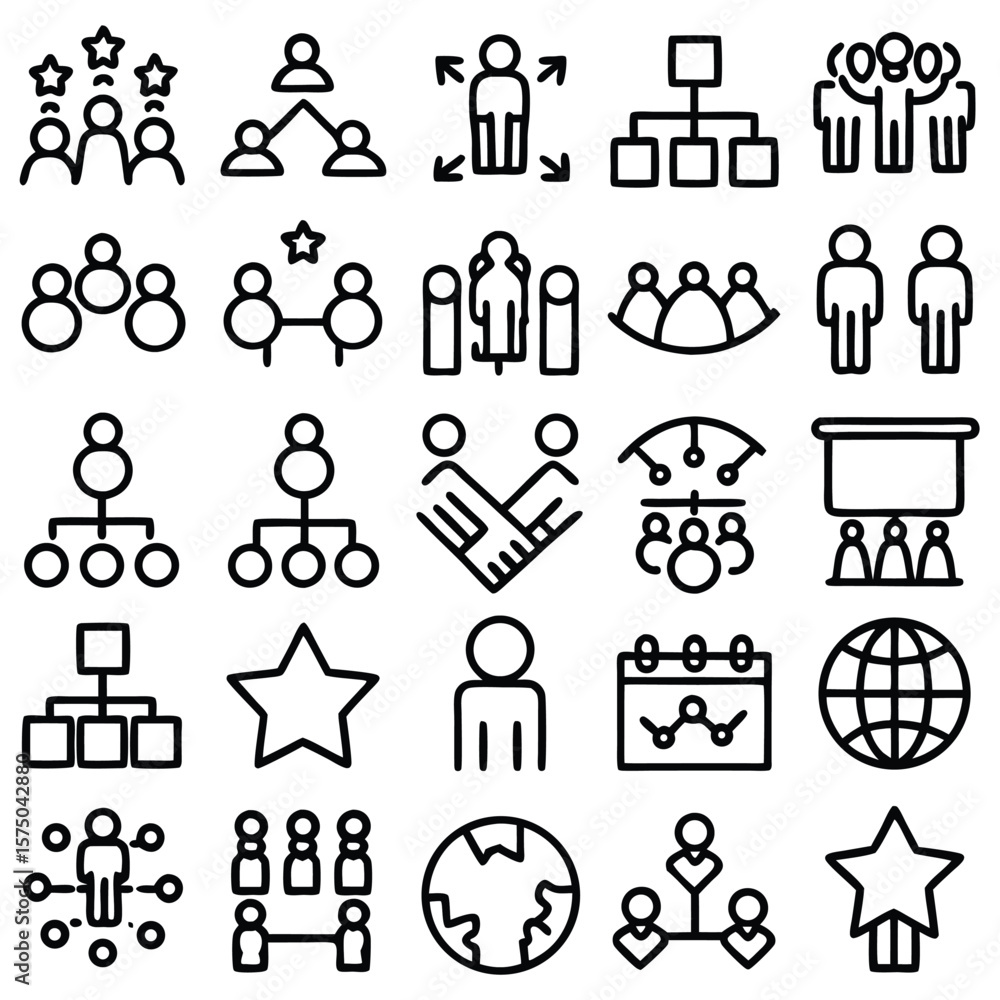 Poster collection of black outline icons depicting teamwork hierarchy leadership and global networking conc