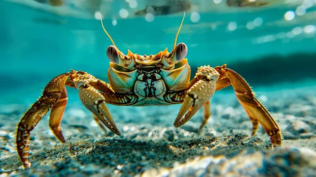 Underwater Crab Portrait: A vibrant crab, showcasing intricate details of its shell and claws, is captured in a close-up underwater shot.  The image emphasizes texture and color.