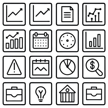 Sixteen Black and White Business Icons Set Line Art Style Graphs Charts Calendar Clock Briefcase Dollar Sign