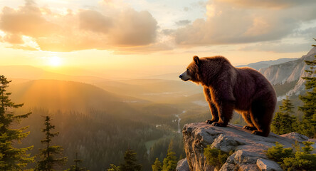 Powerful Brown Bear standing on a cliff at sunrise in a mountain wilderness