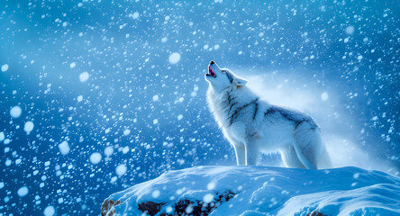 Arctic wolf howling on an icy ridge under the northern lights