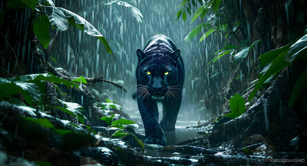 Terrifying Black panther walking in the rain through a dense tropical jungle