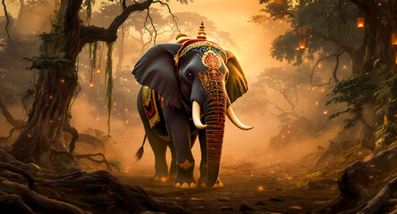 Sacred elephant surrounded by glowing lanterns in a twilight jungle