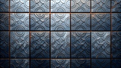 Textured Dark Blue Tiles with Circular Floral Patterns