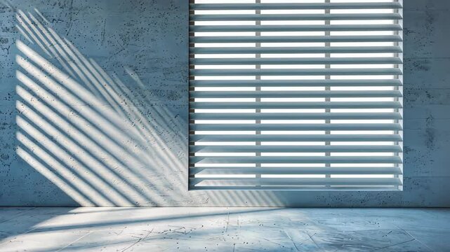 Concrete Room with Venetian Blinds and Sunlight: Sunlight streams through closed Venetian blinds in a minimalist concrete room, casting sharp, parallel shadows on the wall.