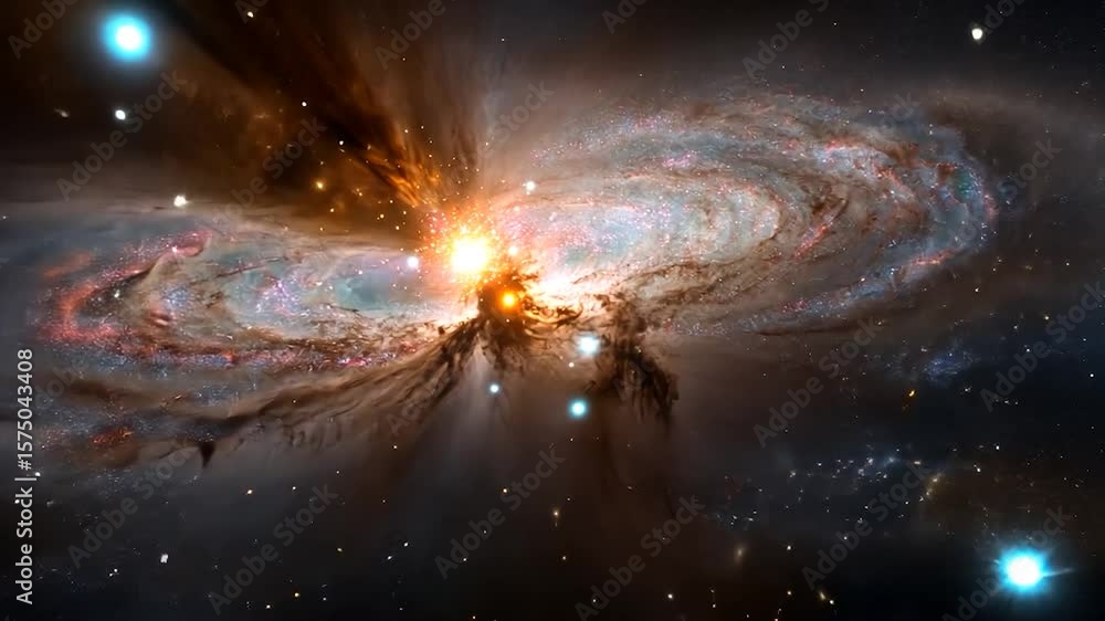 Poster celestial scene featuring a nebula with swirling cosmic dust and radiant stellar activity. intense c
