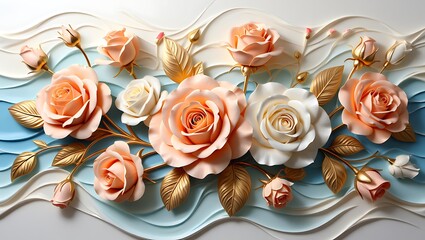 Elegant Arrangement of Peach and White Roses with Golden Leaves on a Wavy Background, Roses in Full Bloom: A Delightful Floral Display for Decorative Purposes