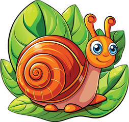 Cute cartoon snail vector with orange shell blue eyes and smiling face sitting on green leaves for nature fun
