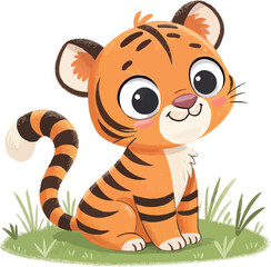 Cute cartoon tiger cub vector sitting on grass with big eyes orange fur and stripes for jungle animal design
