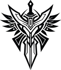 Tribal sword and wings tattoo vector design with black symmetrical pattern for warrior fantasy artwork
