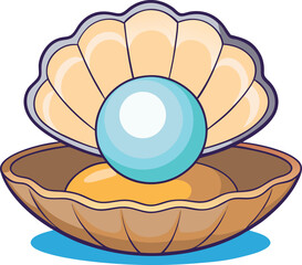 Cartoon pearl in shell vector with open clam and shiny round gem for ocean sea treasure jewelry and nature

