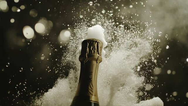 Champagne bottle exploding with foam and bubbles