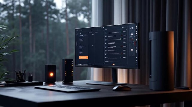 A workspace with a monitor computer and accessories with a dark color scheme. In the background blurry green trees are visible through the window