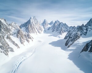 Snowy Mountain Peaks, Alpine Scenery, Extreme Weather, Majestic Snow-Capped Mountains with Glacial Valley Landscape