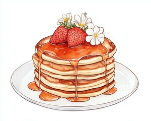 Watercolor Breakfast Organic Realistic, Delicious Strawberry Pancakes with Syrup and Flowers on Plate