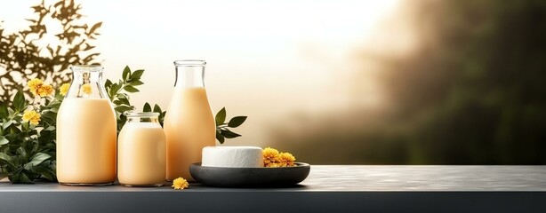 Sustainable Food, Farm-to-Table, Packaging, Sunrise Scene with Milk Bottles and Cheese on a Rustic Table