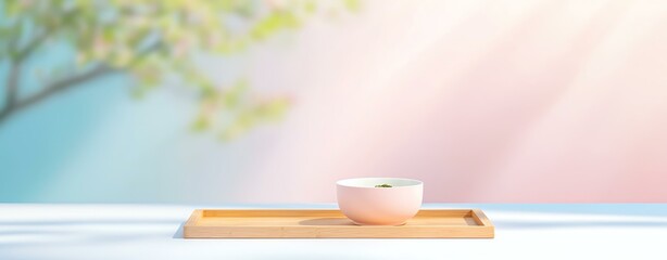 Mindful Eating Balance Self-care, Serene Minimalist Scene with Bowl on Wooden Tray and Soft Background