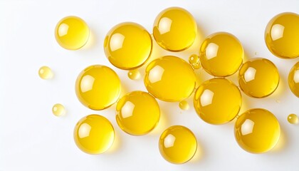 Shiny yellow capsules scattered on white create an abstract design, suitable for vitamin and supplement themes.