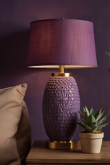 Elegant Purple Textured Table Lamp with Gold Accents on Wooden Nightstand beside Succulent Plant
