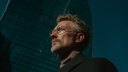 Visionary's Gaze: An astute individual with eyeglasses looking upwards, an expression of contemplation and ambitious purpose, framed by the backdrop of a striking architectural facade.