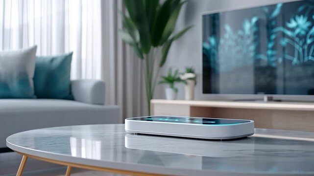 A modern living room scene features a coffee table with a device on it a sofa and television. The lighting is bright and airy with a soft focus on the background creating a sense of depth