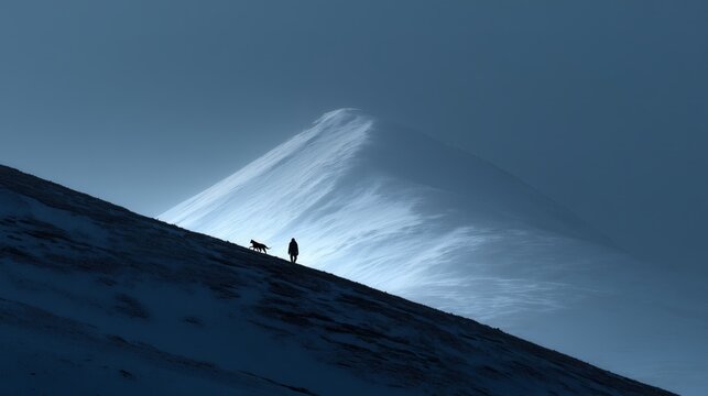 Arctic Ascent: An inspiring silhouette of a lone person, accompanied by a dog, ascends a snow-covered mountain under a dramatic sky, representing resilience and determination.