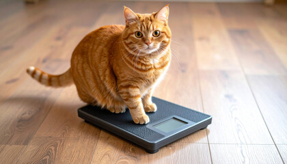 Ginger tabby cat standing on a digital scale on a wooden floor, looking at the camera.