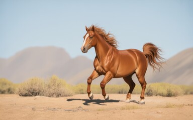 Obraz premium Majestic Chestnut Horse Running Free in the Desert Landscape