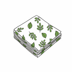 Napkins with leaf print in a stack on a white background  