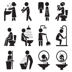 Collection of black silhouette icons depicting various bathroom activities including washing hands using the toilet showering cleaning and personal hygiene routines