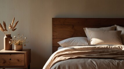 Minimalist Bedroom with Wooden Headboard, Earth-Toned Bedding, and Dried Floral Decor in Natural Light