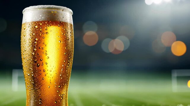 Chilled Brew and Stadium Dreams: A refreshing glass of cold brew, condensation beading alluringly, poised against a soft-focused sports stadium scene.