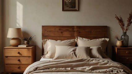 Cozy Rustic Bedroom with Neutral Tones and Wooden Furniture