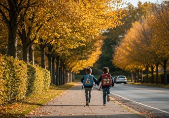 Two young friends run down the sidewalk, enjoying a beautiful autumn day with bright foliage.