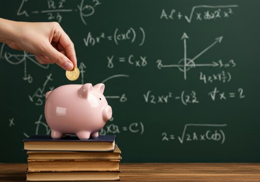 A pink piggy bank being fed a coin, symbolizing the savings for education on a chalkboard. - Powered by Adobe