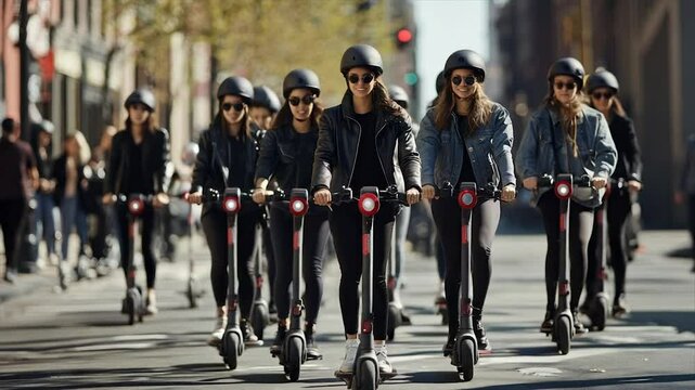 A group of women riding electric scooters on a city street, wearing helmets and sunglasses