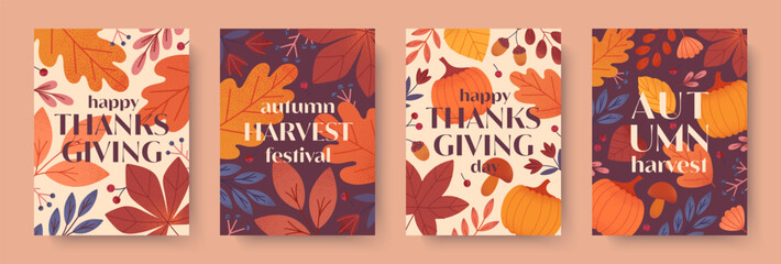 Autumn thanksgiving and harvest posters with leaves,berries,plants,pumpkins,foliage.Vector autumn seasonal holiday illustrations.Trendy fall templates for prints,ad,banners,invitations,covers