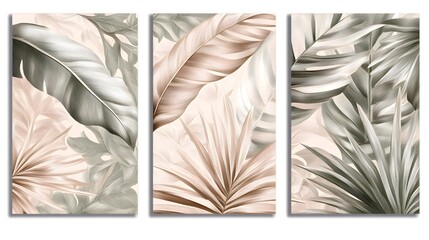 Elegant Tropical Leaf Triptych Beige Green Wall Art Print