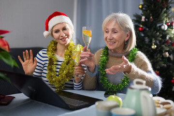 Friendly mature woman and her adult daughter, holding filled glasses in their hands, congratulate...