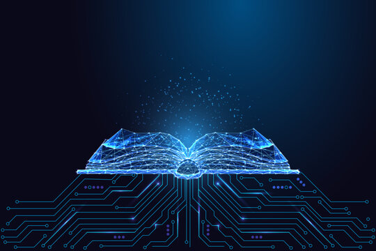 Futuristic glowing open book on circuit board symbolizing AI education, smart learning, e-knowledge